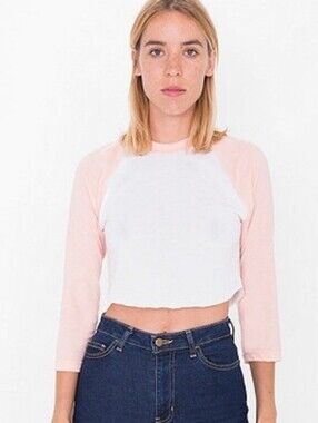 American Apparel Cropped Baseball Tee Pink White Size XS/S